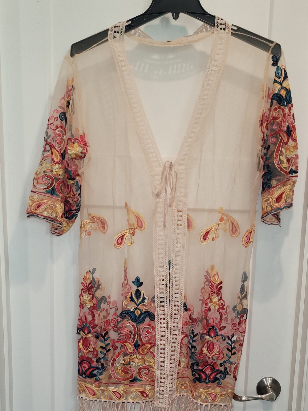 Sheer Embroidered Beach Cover-Up in Cream with Multicolor Paisley